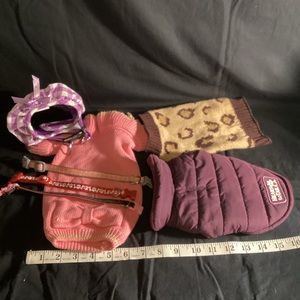 New puppy, accessory package, includes two sweaters, a down vest, and 4 collars